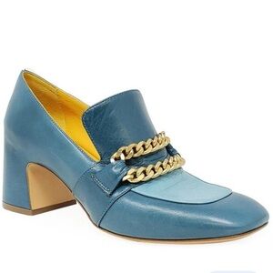 Madison Maison Mara Bini Perla Heeled Loafer Leather 2 Tone Blue/Gold Chain 7.5